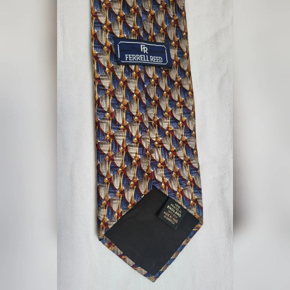 Ferrell Reed Blue Beige Hand Painted 100% Silk Career Tie Vintage - Picture 2 of 3